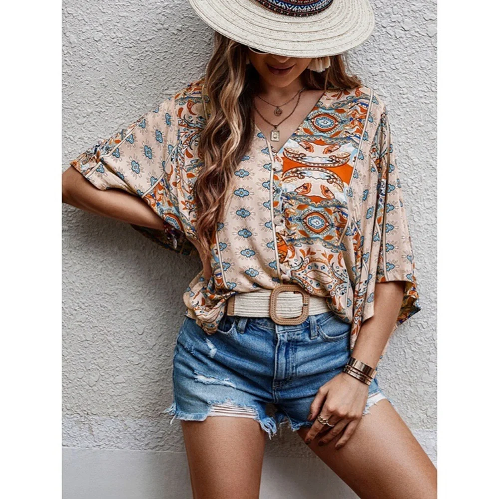 🍑 BOHO APRICOT MULTI ABSTRACT PRINT LOOSE FIT TOP! - Picture 6 of 7